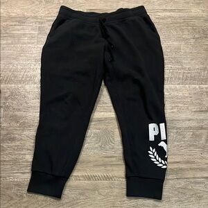 Pink Victoria’s Secret Black Joggers with Silver Logo